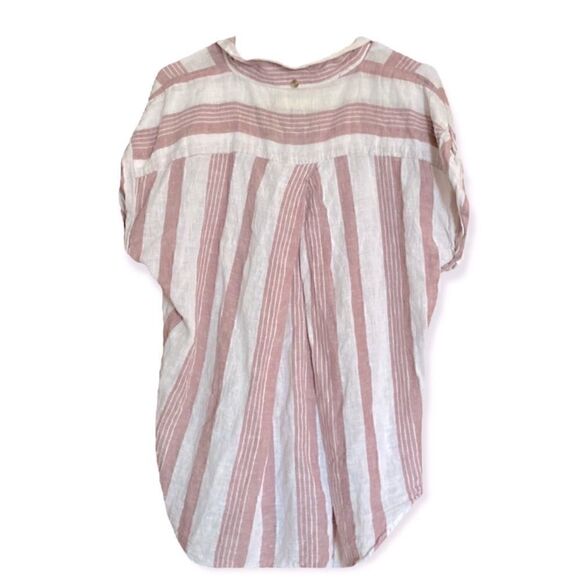 THREAD & SUPPLY DUSTY PINK STRIPED SHORT SLEEVE BUTTON DOWN LINEN SHIRT SMALL - Picture 6 of 8